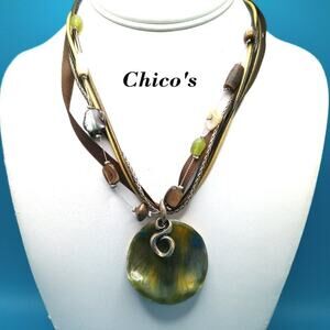 Chico's Beaded Necklace, Gemstones Shell, 6 Strands, Iridescent Metal, 19 Inches